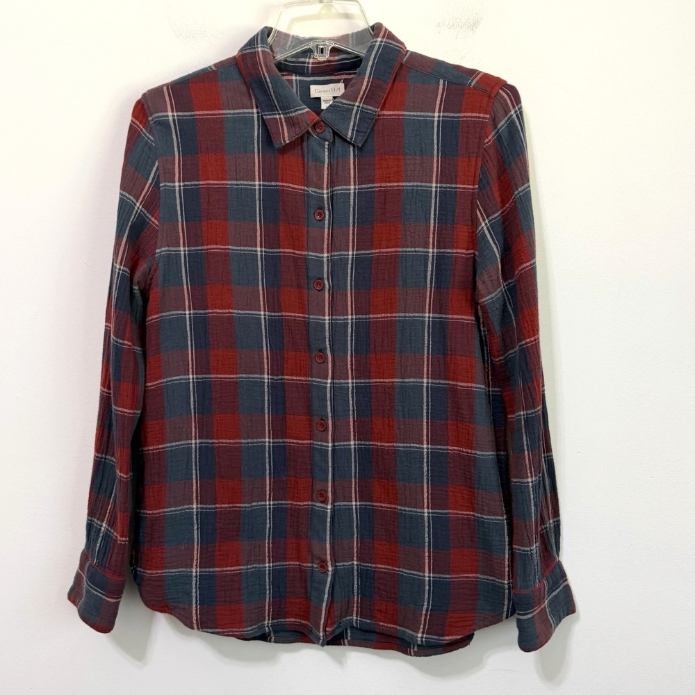 Garnet Hill Blouse Shirt 8 Red Blue Plaid Organic Cotton Long Sleeve Cabin Fall